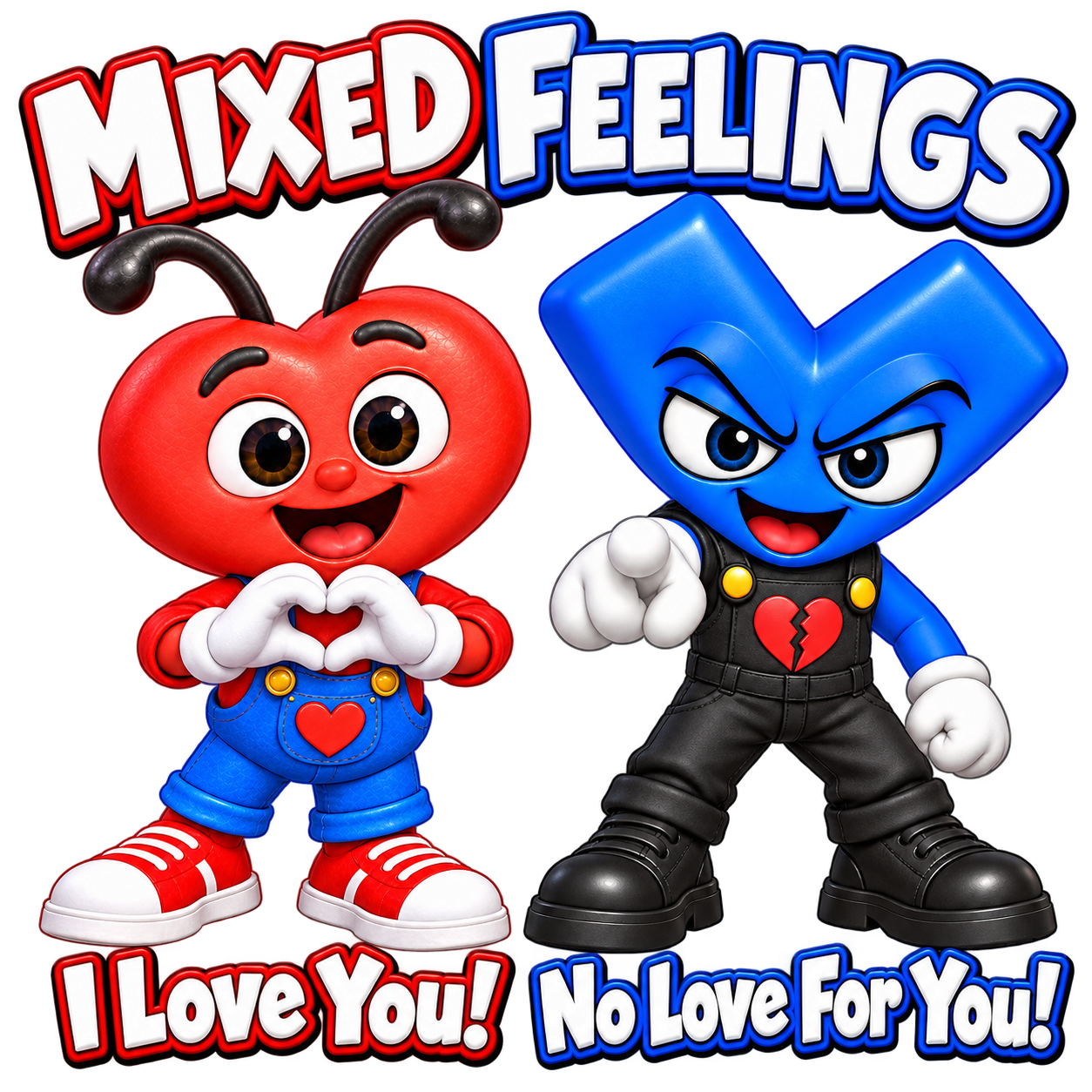 Henry Heart says I Love You! and Evil X says No Love For You!